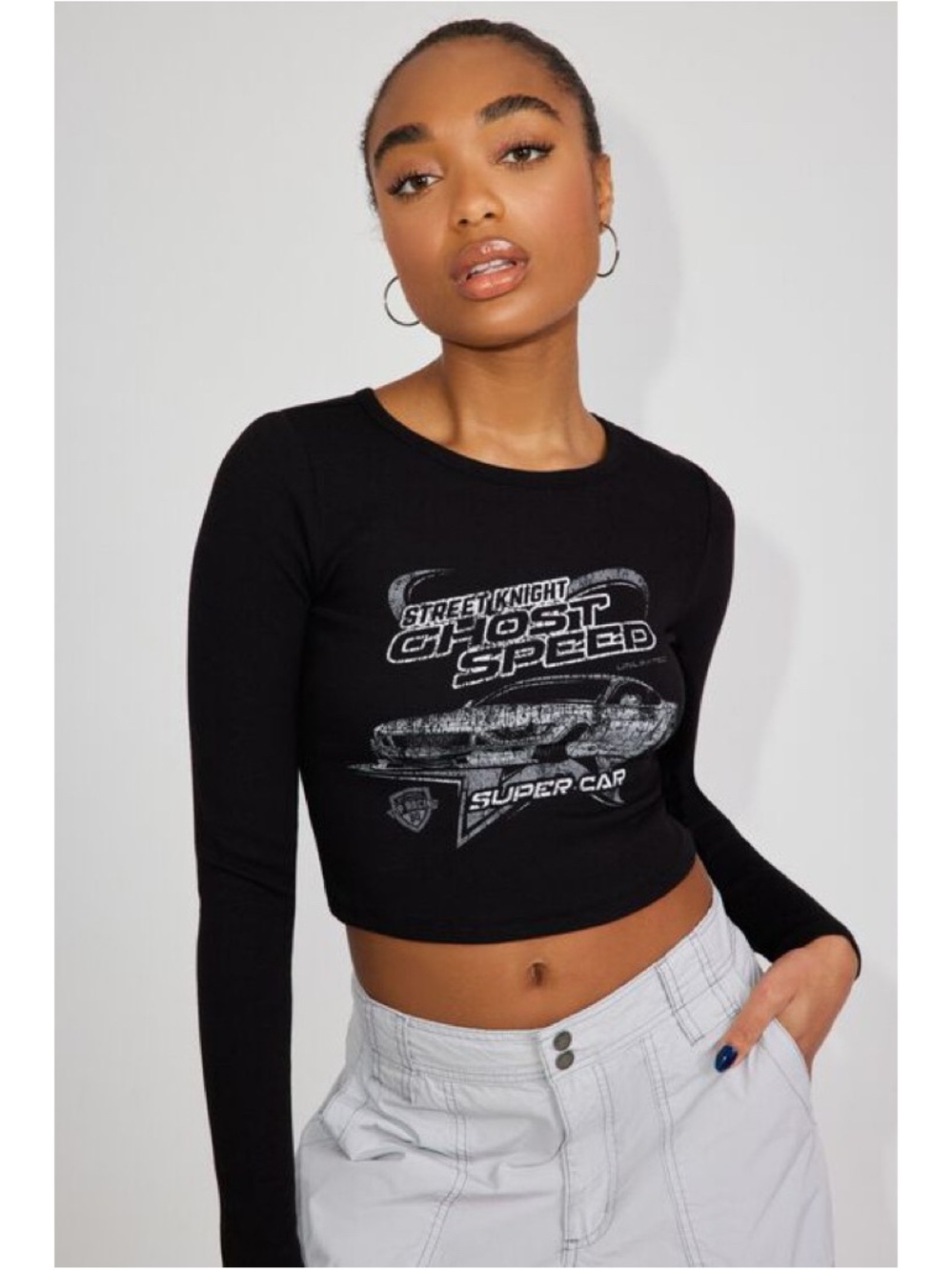 Garage Ribbed Black Graphic Long-Sleeve Crop Top Size L